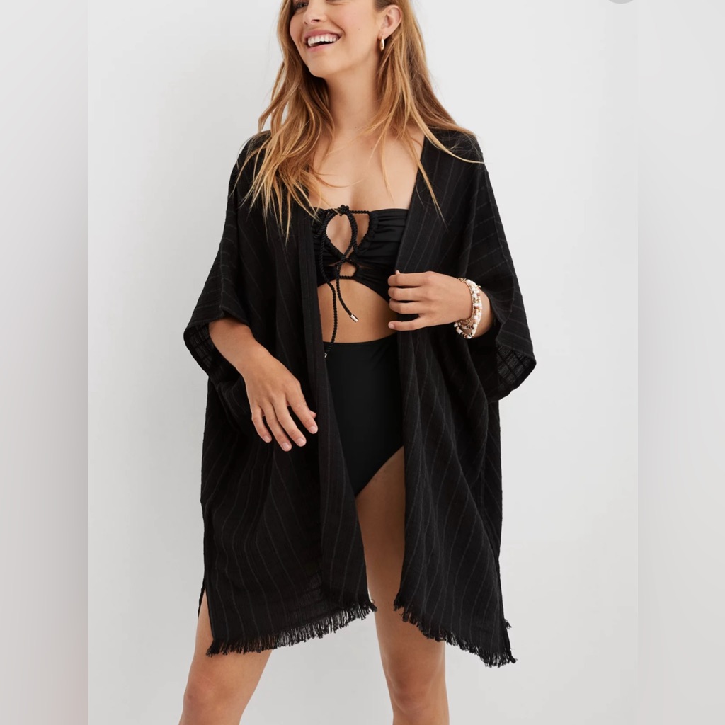 Aerie Black Textured Open Cape 100% Cotton